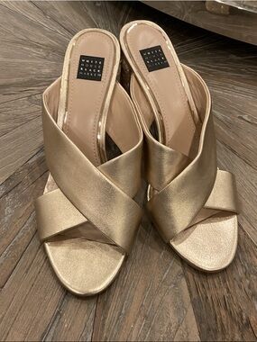 White House Black Market Metallic Gold Crossband Mule Heels